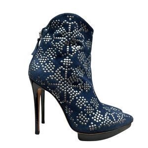 Alice + Olivia Womens Boots Blue Leather Studded Silver Pointed Toe Zip EUR 38.5